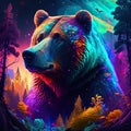 Giant brown bear in the dark forest at night. 3D rendering AI Generated