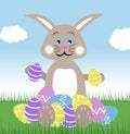 Giant Brown Chocolate Easter Bunny With Eggs Blue Sky And Green Grass Spring Illustration