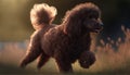 The giant brown poodle dog walking outdoors, nature background. Generative AI