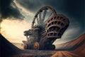 Giant bucket wheel excavator digging coal, mining industry