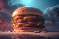 Giant burger with delicious ingredients on beach