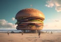 Giant burger with delicious ingredients on beach