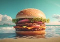 Giant burger with delicious ingredients on beach