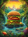 Giant burger with delicious ingredients in beautiful jungle