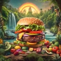 Giant burger with delicious ingredients in beautiful jungle
