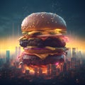 Giant burger with delicious ingredients over city