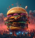 Giant burger with delicious ingredients over city