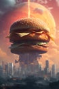 Giant burger with delicious ingredients over city