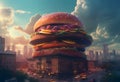 Giant burger shaped building with delicious ingredients over city