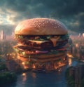 Giant burger shaped building with delicious ingredients over city
