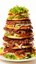 Giant burger tower on a white isolated background. Royalty Free Stock Photo