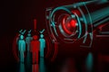 Giant camera checkes group of people as a metaphor of AI-driven artificial intelligence surveillance system taking control over