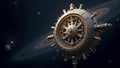 A giant celestial clockwork mechanism floating in deep space, its gears turning in synchronization with the movement of