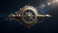 A giant celestial clockwork mechanism floating in deep space, its gears turning in synchronization with the movement of