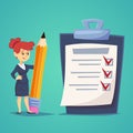 Giant check list. Young businesswoman with big list of things to be checked, items required, things to be done, office schedule re Royalty Free Stock Photo