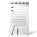 Giant Checklist Illustration, A 3D Render of a Person Facing a Large Spiral Notepad with Checkboxes and a Pencil