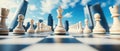 Giant chessboard set against a cityscape backdrop, symbolizing strategic thinking and competition with modern architecture. Royalty Free Stock Photo