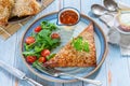 Chicken samosas with mango chutney and fresh salad Royalty Free Stock Photo