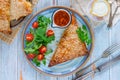 Chicken samosas with mango chutney and fresh salad Royalty Free Stock Photo