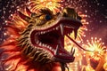 A giant Chinese New Year dragon amid festive fireworks - an impressive performance of the Lunar New Year - Generative AI