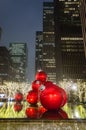 Giant Christmas Ornaments on a Fountain in Manhattan, New York City, at Night. Big Balls and Bright Lights Decoration Royalty Free Stock Photo