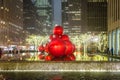 Giant Christmas Ornaments on a Fountain in New York Manhattan at Night. Big Balls and Bright Lights Decoration Royalty Free Stock Photo