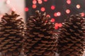 Giant Christmas pinecones Jeffrey Pine Cones in front of red bokeh Christmas Lights