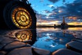 A giant clock face reflects in a puddle, with a distant cityscape and dramatic sunset in the background Royalty Free Stock Photo