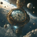 A giant clock floating in the sky, surrounded by celestial spheres and planets. Royalty Free Stock Photo