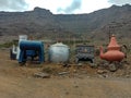 Giant coffee machines at the old wind mill Molino de Viento near Mogan, Gran Canaria island, Spain Royalty Free Stock Photo