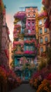 Giant colorful city, ethereal flowers, architecture