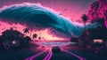 giant colorful vapour waves is about to cover small coastal town houses near highway at sunset, neural network generated