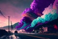 giant colorful vapour waves is about to cover small town houses near highway at sunset, neural network generated art
