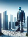 Giant corporate robot illustration. Tech Titan - Giant Robot Over the Cityscape. Corporate Colossus - Robot Towering Over