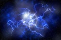 Giant cosmic lightning bolt Hit unknown planet in deep space. Abstract galaxy scene