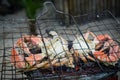 Giant crab beeing grilled on simple coal fire barbecue at Tokeh Beach, Sierra Leone, Africa Royalty Free Stock Photo