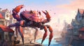 giant crab staying in the old city. Fantasy concept , Illustration painting