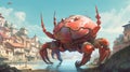 giant crab staying in the old city. Fantasy concept , Illustration painting