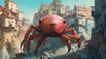 giant crab staying in the old city. Fantasy concept , Illustration painting