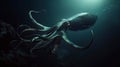 A giant deep-sea squid attacked a bathyscaphe on the ocean floor in the dark