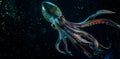 A giant deep-sea squid attacked a bathyscaphe on the ocean floor in the dark.