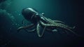 A giant deep-sea squid attacked a bathyscaphe on the ocean floor in the dark. Royalty Free Stock Photo