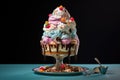 Giant Delicious Ice Cream Sundae on Plate With Spoon, A towering ice cream sundae with multicolored sprinkles, AI Generated