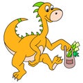 A giant dinosaur walking from the market carrying his groceries, doodle icon image kawaii