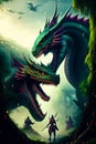 Giant dinosaurs dragon monster fight with a cool samurai ninja warrior in the mysterious jungle. magical forest epic battle scene