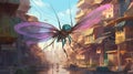 A giant dragonfly flying in the city. Fantasy concept , Illustration painting