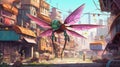 A giant dragonfly flying in the city. Fantasy concept , Illustration painting