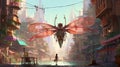 A giant dragonfly flying in the city. Fantasy concept , Illustration painting