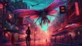 A giant dragonfly in the night surreal city