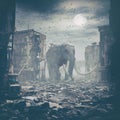 Giant elephant in destroyed city